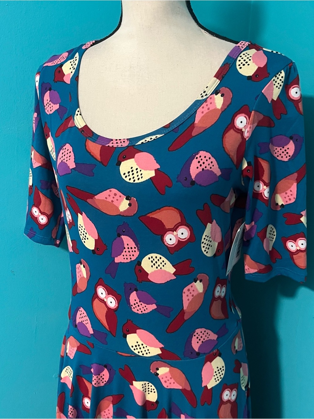 NWT LuLaRoe L Nicole Colorful Owl Bird Novelty Print Dress Birding - Picture 2 of 5